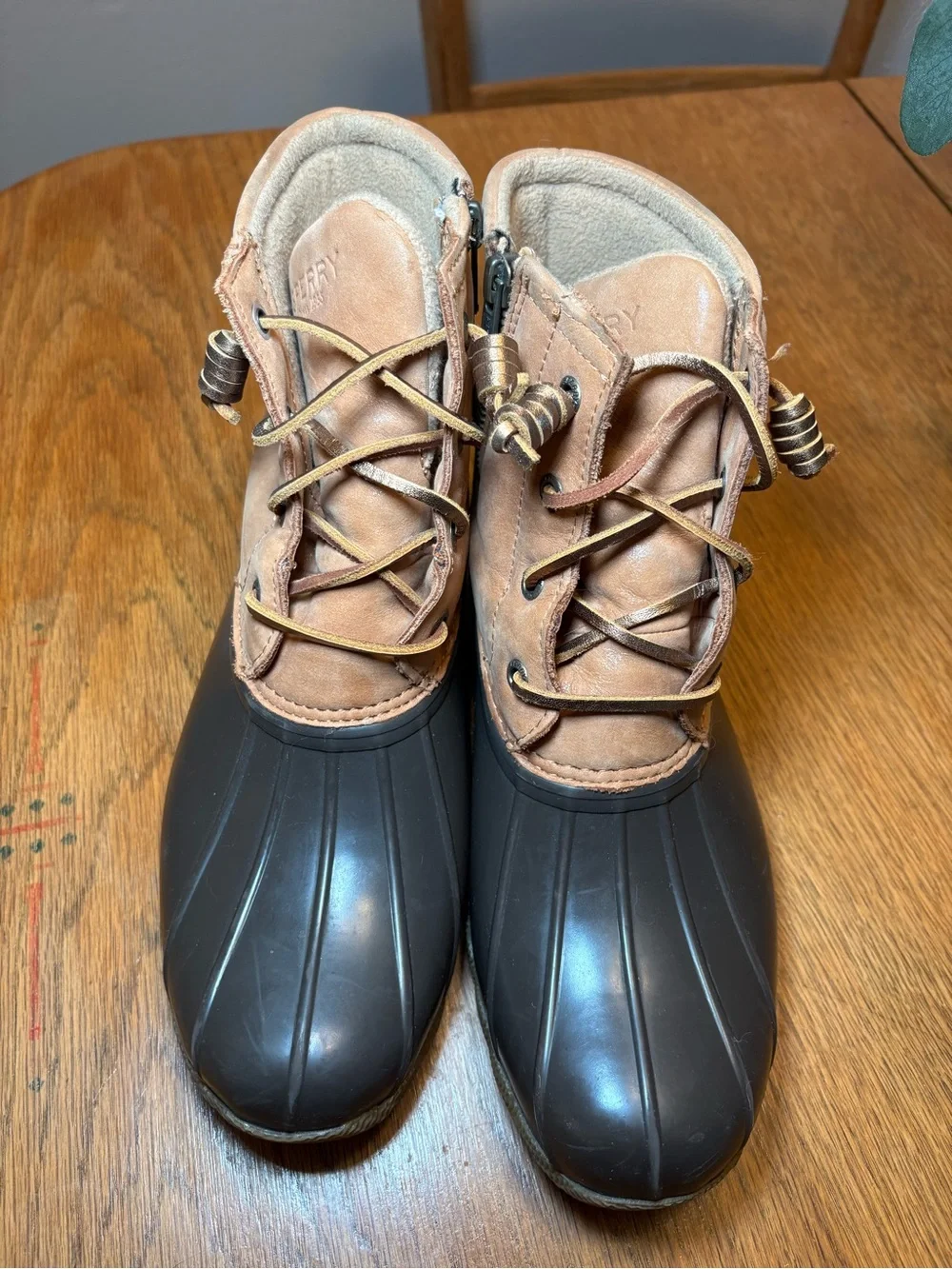 Sperry Saltwater Duck Boots Tan Leather Dark Brown Waterproof Rain Boots Size 8